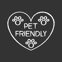 Pet friendly area sign chalk white icon on black background. Grooming salon heart shaped logo, animals welcome zone. Cats and dogs permitted territory. Isolated vector chalkboard illustration