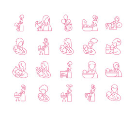 set of icons with mother and baby, line style icon