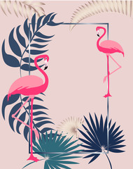 Naklejka premium Pink flamingo greeting card with leaves and rectangle frame