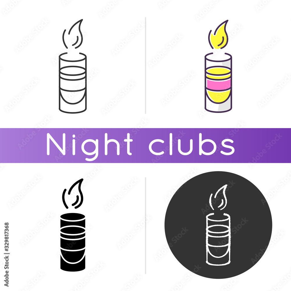 Poster Hot shot icon. Linear black and RGB color styles. Night club leisure, clubbing attribute, recreation in bar. Burning cocktail, flaming sambuca. Fiery drink isolated vector illustrations