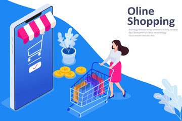 Online shopping isometric vector illustration, young women with shopping cart,Vector illustration in flat style.