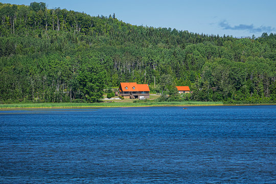 Picturesque view of Lake Matapedia (Lac Matapedia) shore near the city of Amqui in Quebec, Canada.