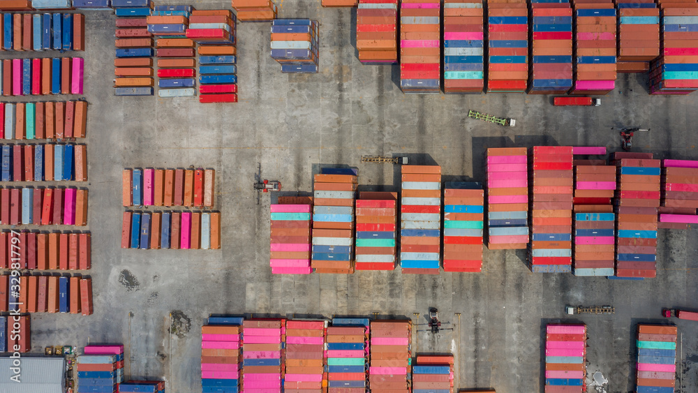 Wall mural high angle view warehouse containers fron drone camera