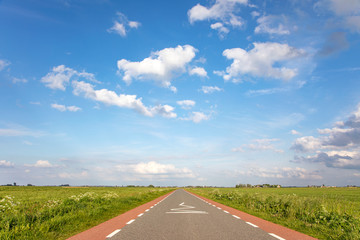Road with red cycle path on both sides, perspective, sky with clouds and a faraway straight horizon.