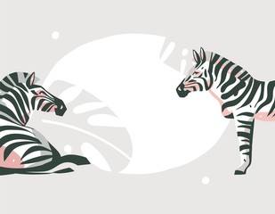 Hand drawn vector abstract cartoon modern graphic African Safari collage illustrations art banner with safari animals isolated on pastel color background