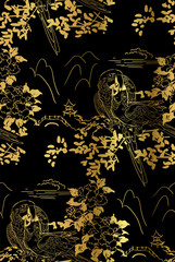 perroquet oiseau temple montagne rose fleur nature paysage vue vecteur croquis illustration japonais chinois oriental dessin au trait encre modèle sans couture