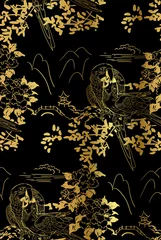 Behang Zwart goud papegaai vogel tempel berg roos bloem natuur landschap weergave vector schets illustratie japans chinees oosters zeer fijne tekeningen inkt naadloze patroon