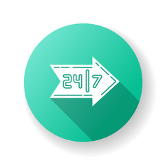 Arrow sign turquoise flat design long shadow glyph icon. Around the clock marketing service. Open everyday. Retail and commerce industry. Store direction. Silhouette RGB color illustration