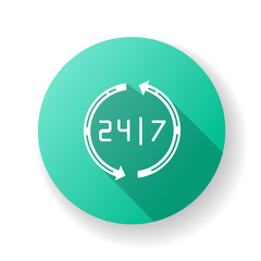 Open around the clock turquoise flat design long shadow glyph icon. 24 7 hour service. Everyday open store. Twenty four seven hours retail. Circular arrows. Silhouette RGB color illustration