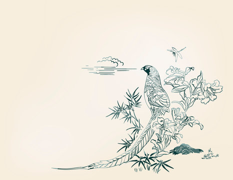 recommend clip art: pheasant bamboo flower nature landscape view vector sketch illustration japanese chinese oriental line art ink card background