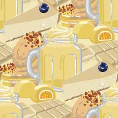 Glass square cup of banana milkshake, surrounded by different desserts, made of vanilla and white chocolate