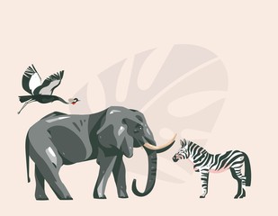 Hand drawn vector abstract cartoon modern graphic African Safari collage illustrations art banner with safari animals isolated on pastel color background