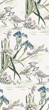 duck bird iris flower nature landscape view vector sketch illustration japanese chinese line art ink seamless pattern