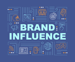 Brand influence and credibility word concepts banner. Company promotion methods. Infographics with linear icons on blue background. Isolated typography. Vector outline RGB color illustration