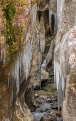 Fototapeta na wymiar Narrow canyon Mostnica covered in icicle, Bohinj