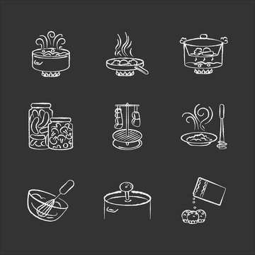 Food Preparation Chalk White Icons Set On Black Background. Different Cooking Techniques, Meal Making Process. Various Ingredients And Kitchen Utensils Isolated Vector Chalkboard Illustrations