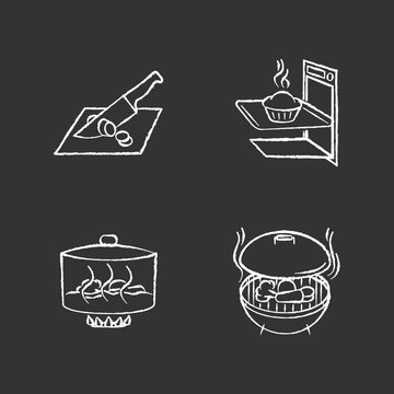 Cooking Methods Chalk White Icons Set On Black Background. Various Culinary Techniques, Food Preparation Process. Cutting, Baking, Stewing And Grilling Isolated Vector Chalkboard Illustrations