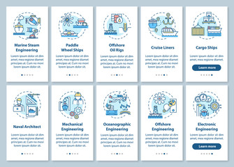 Naklejka premium Marine engineering onboarding mobile app page screen set with concepts. Maritime work types walkthrough 5 steps graphic instructions. UI vector template with RGB color illustrations