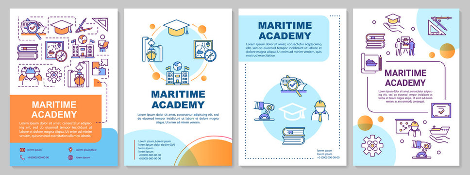 Maritime academy brochure template. Nautical engineering education. Flyer, booklet, leaflet print, cover design with linear icons. Vector layouts for magazines, annual reports, advertising posters