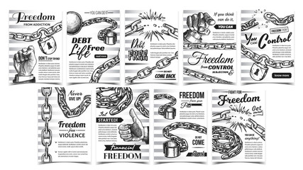 Freedom Control Advertising Posters Set Vector. Heavy Metallic Chain With Ball And Padlock And Man Gestures Freedom Symbols. Collection Of Banners Template Monochrome Illustrations