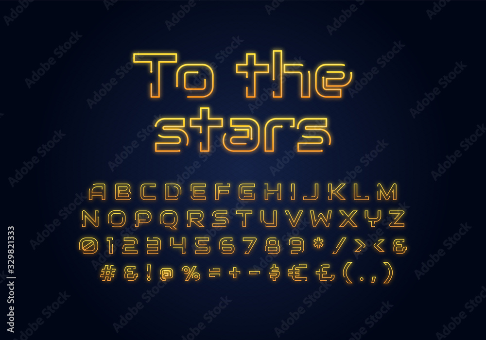 Fototapete to the stars neon light font template. yellow illuminated vector alphabet set. bright capital letter
