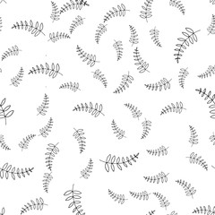 Seamless pattern of elements of leaves and flowers. Hand drawn vector illustration in doodle style. Elements for greeting cards, posters, stickers and seasonal design.