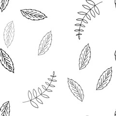 Seamless pattern of elements of leaves and flowers. Hand drawn vector illustration in doodle style. Elements for greeting cards, posters, stickers and seasonal design.