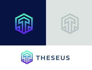 Abstract arrow tech logo. Letter T logotype. Simple digital connection technology logo. Creative hexagon and arrow icon.