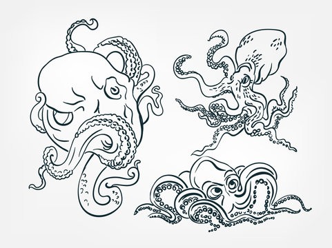 octopus set collection japanese chinese oriental vector ink style design elements illustration