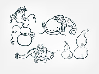 gourd pumpkin bottle monkey horse sheatfish set collection japanese chinese oriental vector ink style design elements illustration