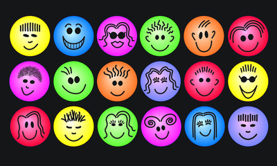 Faces, black lines on color circle backgrounds, set
