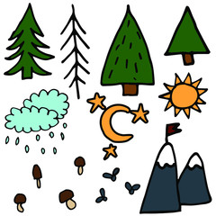 Camping icon set. Tourist equipment, items for fishing. Outdoor activity. Summer recreation. Flat vector design
