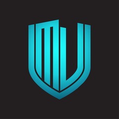 MV Logo monogram with emblem shield design isolated with blue colors on black background