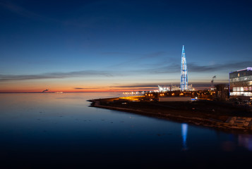bridge with lights at night Finnish bay