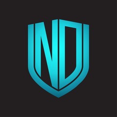 ND Logo monogram with emblem shield design isolated with blue colors on black background