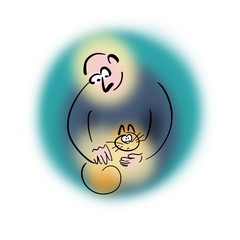 Glowing man holds glowing cat