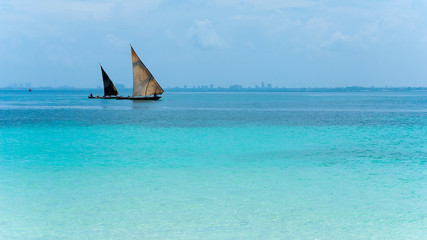 Obraz premium Traditional dhow sails boat on Azure blue waters with an urban skyline in the distance on sea scapes