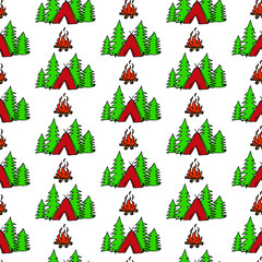 Hiking and Camping Seamless Pattern in Line Style. Outdoor Camp Adventure Theme. Vector illustration. Background. Hiking Print