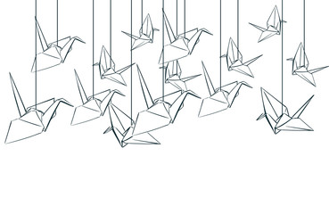 paper cranes origami japanese chinese oriental vector ink style design elements illustration - obrazy, fototapety, plakaty