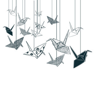 paper cranes origami japanese chinese oriental vector ink style design elements illustration
