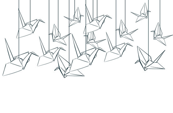 paper cranes origami japanese chinese oriental vector ink style design elements illustration