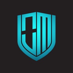 OM Logo monogram with emblem shield design isolated with blue colors on black background