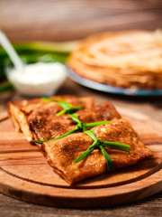 Tasty stuffed russian thin pancakes crepes with meat and green onion decoration.