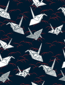 paper cranes origami seamless pattern japanese chinese oriental vector ink style design elements illustration