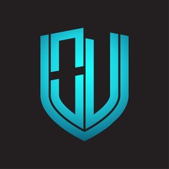OV Logo monogram with emblem shield design isolated with blue colors on black background