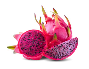 Fresh red dragon fruit, sliced in half on a white background