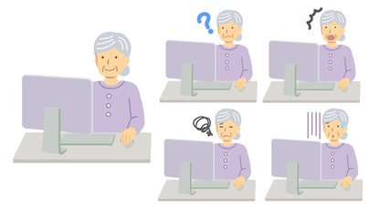 パソコンを使う紫の服を着たシニア女性セット