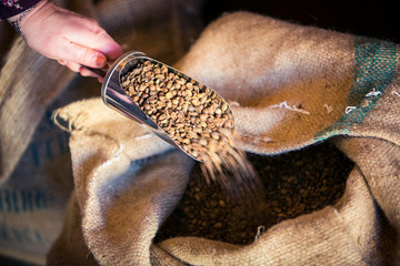 Coffee Beans in Beige Linen Bag