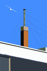 Building and chimney with strong shadows on blue sky