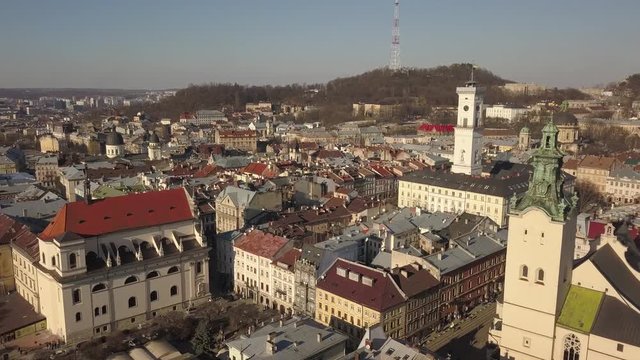 Aerial view to Central City Hall in the tourist and historical center of Lviv city, Ukraine